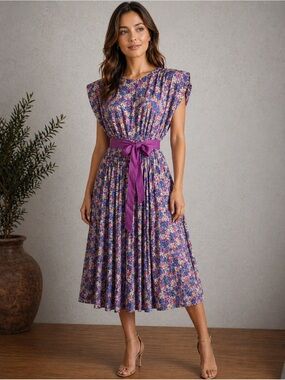 Vintage BILA California Floral Midi Dress | 80s Rayon| Shoulder Pads